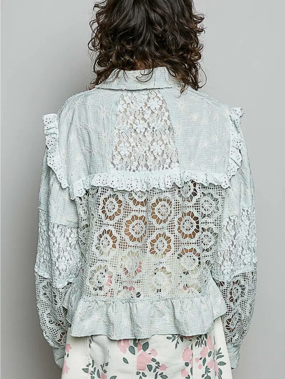 POL Pale Blue Crochet-Panel Ruffle Button Blouse - Picture 3 of 3